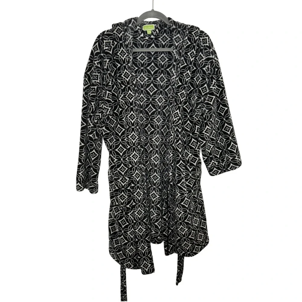 Vera Bradley Hooded Fleece Robe Black White Geometric Medallion S/M Loungewear